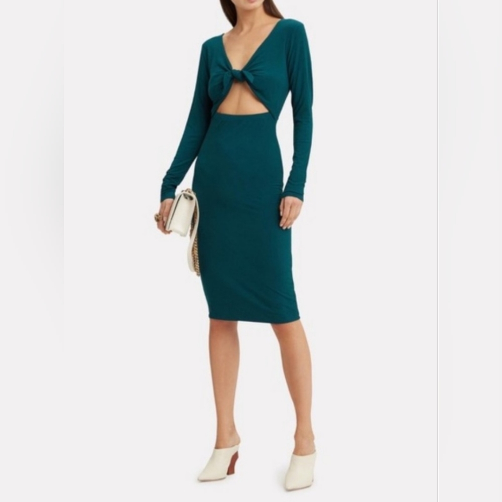 INTERMIX Leonie Long Sleeve Cut-Out Tie Front Fitted Dress Teal Bodycon Ribbed S